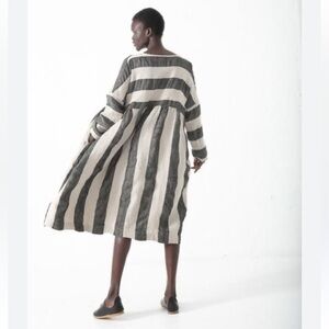 Ichi Antiquites Striped Oversized Linen Midi Dress OS